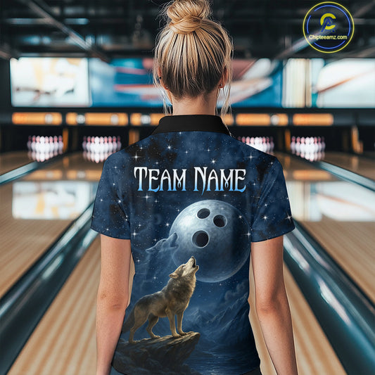 Custom Blue Bowling Shirt Wolf Bowling Team Jersey for Women Polo & 1/4 Zip Bowling Outfit QZT703
