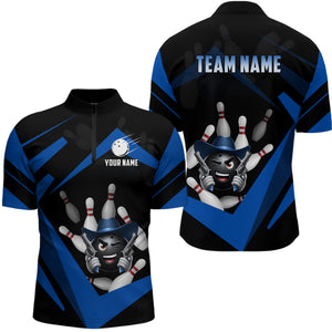 Custom Men Bowling Shirts Funny Bowling Team Jersey Blue Bowling Quarter Zip QZT509