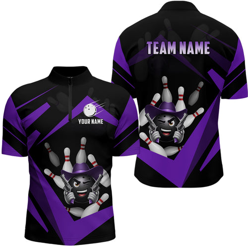 Custom Men Bowling Shirts Funny Bowling Team Jersey Purple Bowling Quarter Zip QZT509