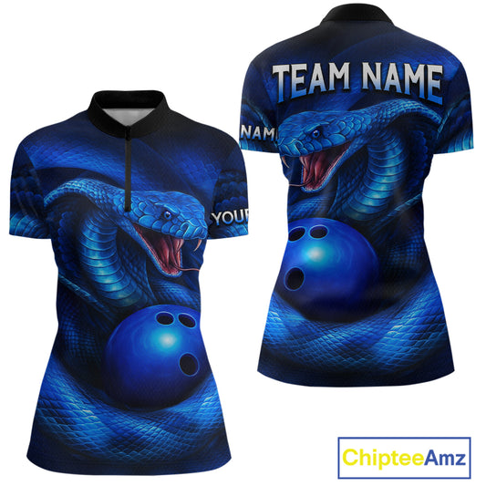 Custom 3D Blue Cobra Snake Bowling Team Shirt Bowling Jersey Outfit for Women Polo & Quarter-Zip QZT723