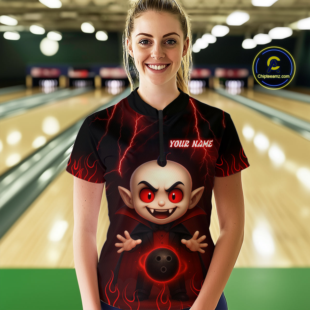 Custom Red Funny Vampire Thunder Bowling Shirt Polo & 1/4-Zip Bowling League Jersey for Women Outfit QZT753