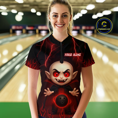 Custom Red Funny Vampire Thunder Bowling Shirt Polo & 1/4-Zip Bowling League Jersey for Women Outfit QZT753