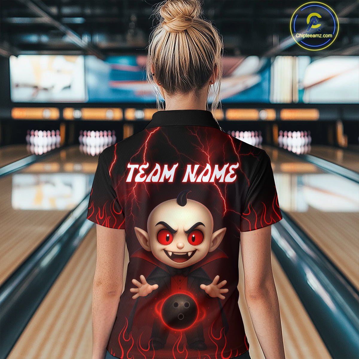 Custom Red Funny Vampire Thunder Bowling Shirt Polo & 1/4-Zip Bowling League Jersey for Women Outfit QZT753