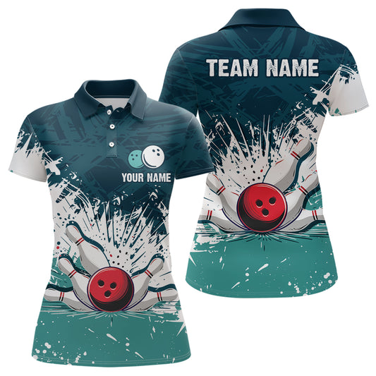 Personalized 3D Women Bowling Shirts Turquoise Polo Bowling Jersey League QZT481