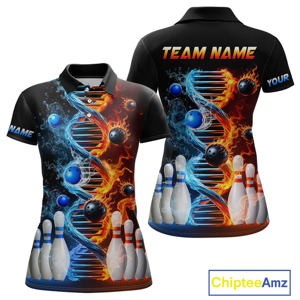 A custom-designed bowling shirt featuring a DNA strand graphic with flame and water elements, and bowling pins arranged in the lower part of the shirt.