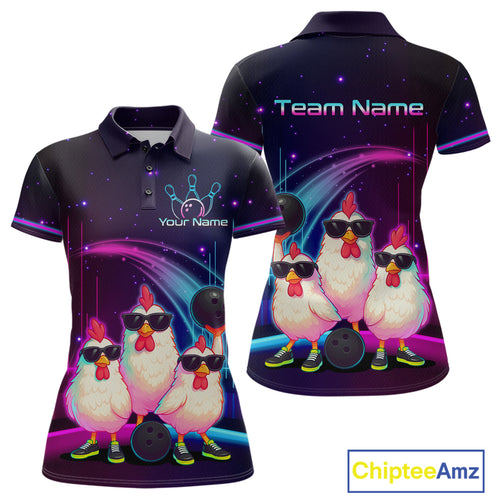 Neon Funny Family of Three Chicken Bowling Team Shirt for Women Bowling League Jersey Outfit Polo & 1/4-Zip QZT761