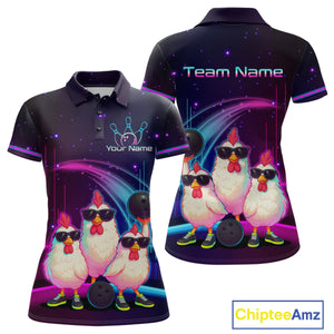 Neon Funny Family of Three Chicken Bowling Team Shirt for Women Bowling League Jersey Outfit Polo & 1/4-Zip QZT761