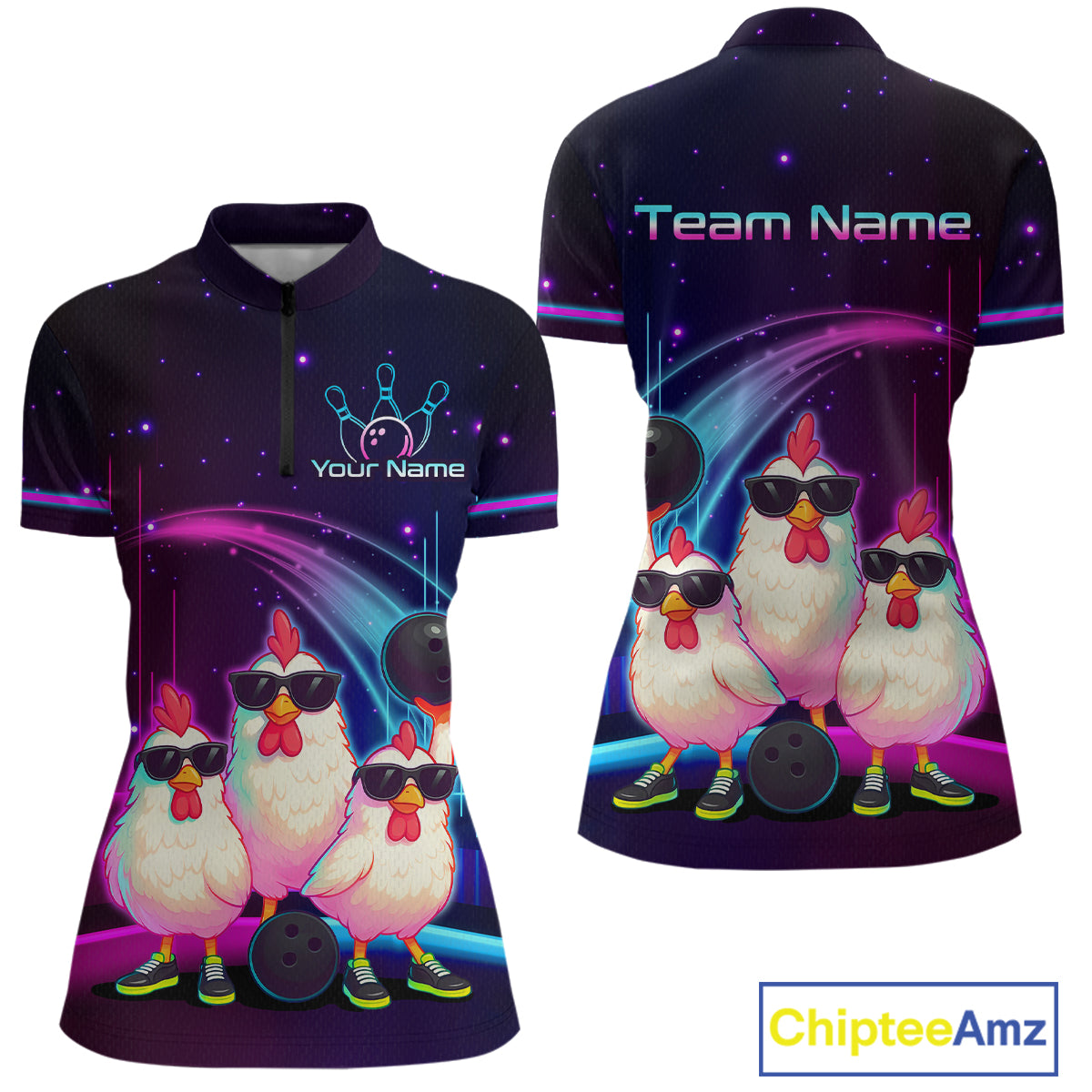 Neon Funny Family of Three Chicken Bowling Team Shirt for Women Bowling League Jersey QZT761