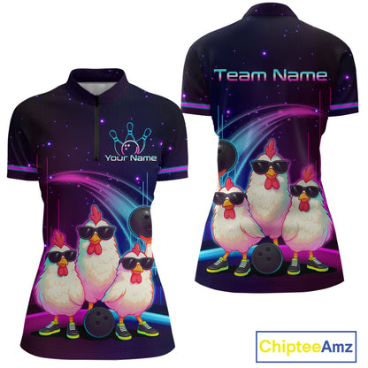 Neon Funny Family of Three Chicken Bowling Team Shirt for Women Bowling League Jersey QZT761