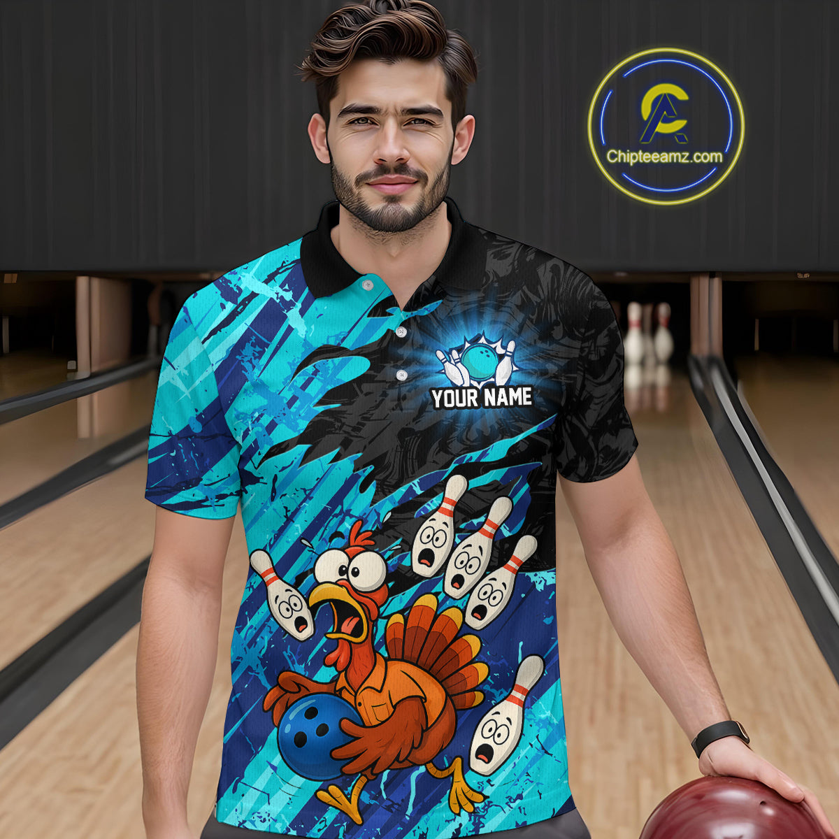 Custom Cyan Turkey Bowling Shirt Funny Ball Pin League Jersey for Men Polo Outfit QZT765