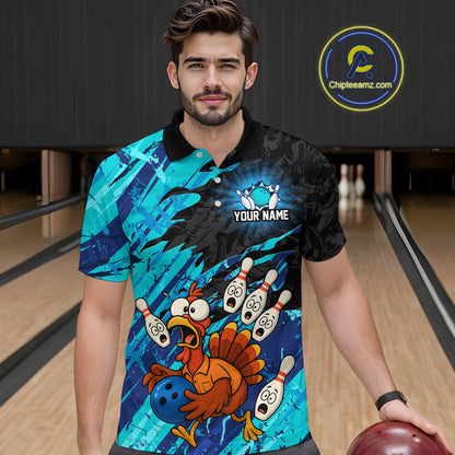 Custom Cyan Turkey Bowling Shirt Funny Ball Pin League Jersey for Men Polo Outfit QZT765