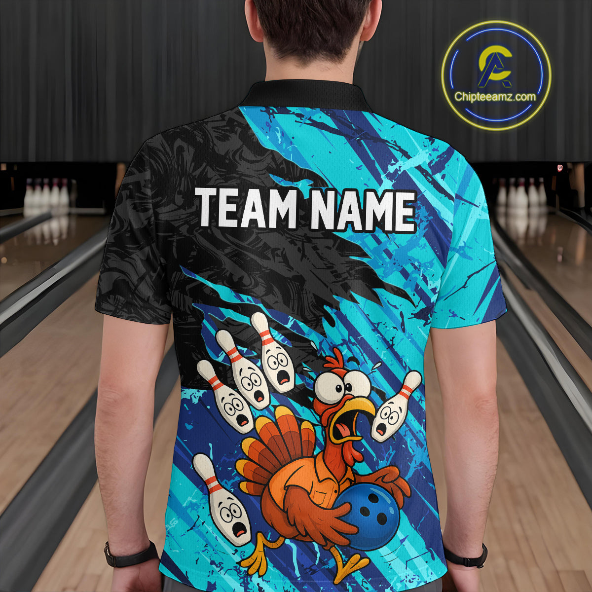 Custom Cyan Turkey Bowling Shirt Funny Ball Pin League Jersey for Men Polo Outfit QZT765