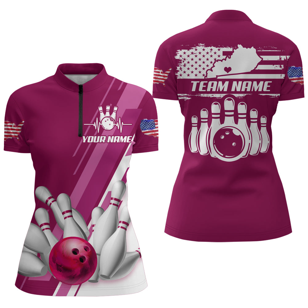 Custom Bowling Green Kentucky for Women, 1/4 Zip Bowling Shirts,  Team Shirt Bowling Pin And Ball QZT305