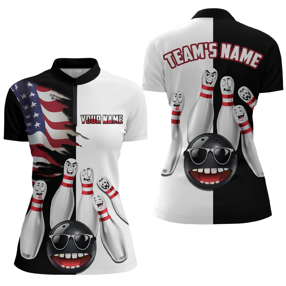 US Flag Bowling Shirt Funny Black & White Bowling Jersey Women Quarter-Zip Performance Bowling Shirt QZT263