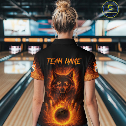 Orange Flame Wolf Bowling Shirt for Women Custom Bowling Jersey League Polo & Quarter-Zip QZT741