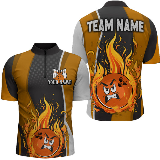 Custom Bowling Shirt for Men Flame Orange Bowling Jerseys 1/4 Zip Camo Bowling Team League QZT421