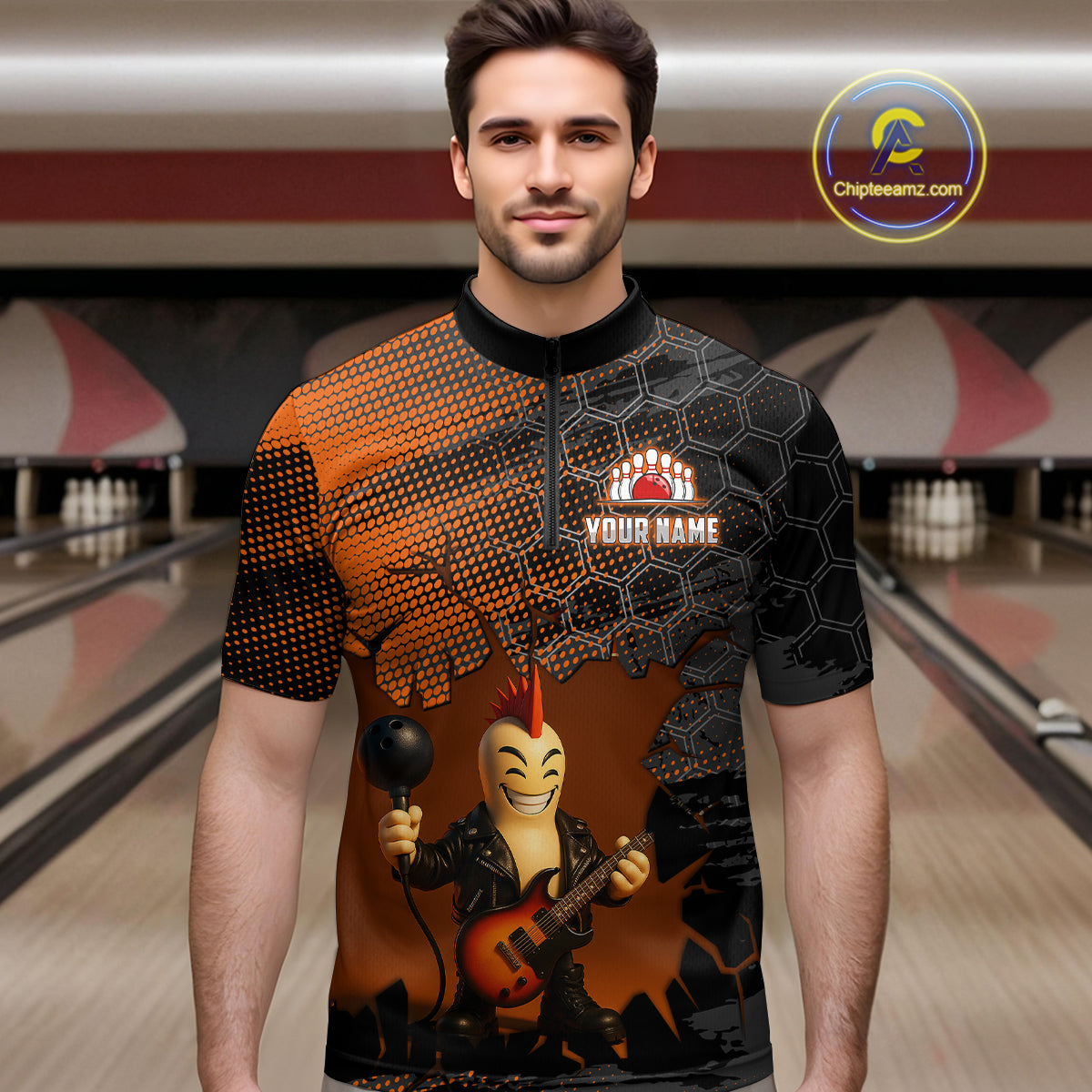 Bowling Pin Rocker Shirt for Men Music Bowlwing Team Leage Polo & Quarter-Zip Bowling Jersey QZT719