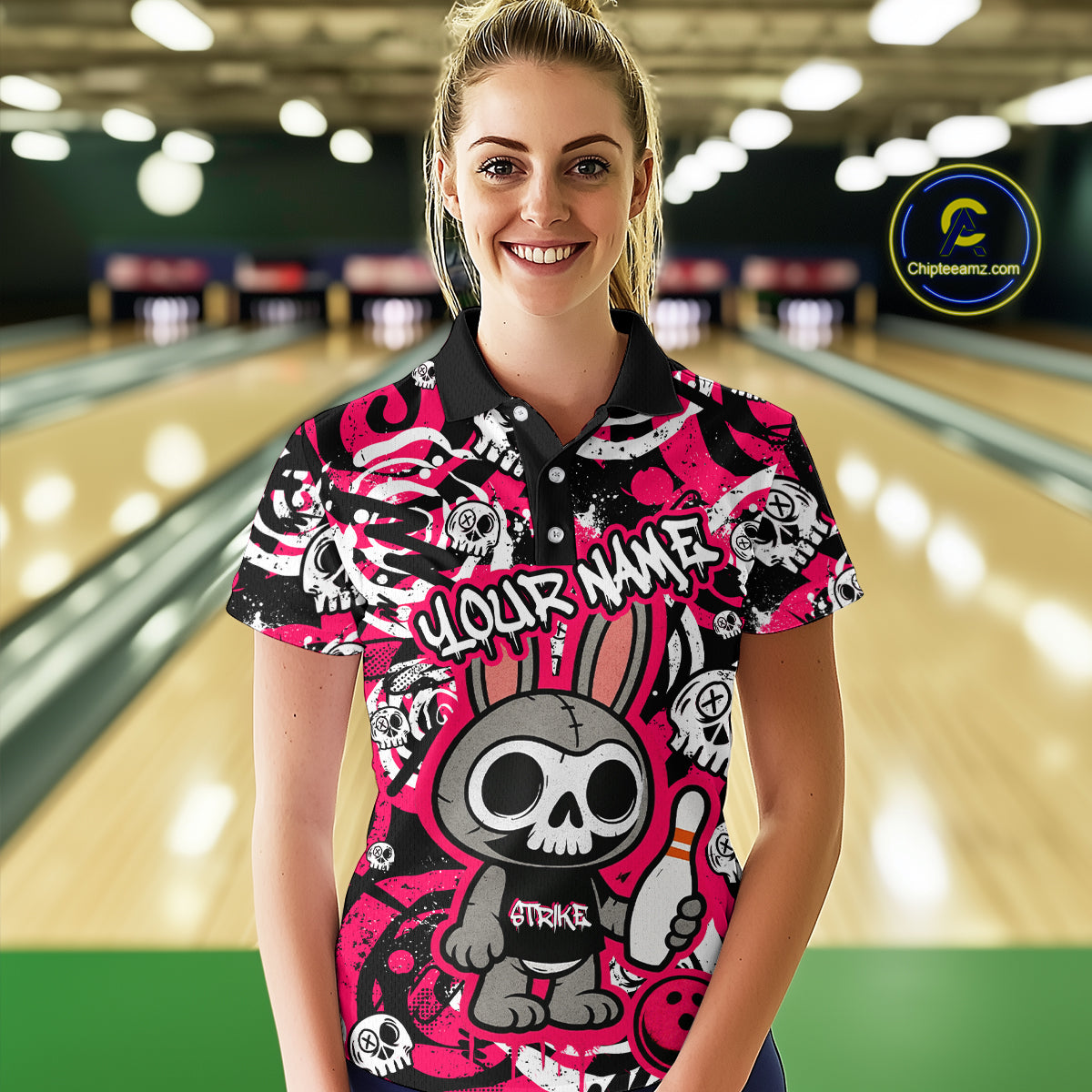 Custom Pink Skull Bunny Bowling Shirt Gothic Women Bowling Team League Polo Halloween QZT747