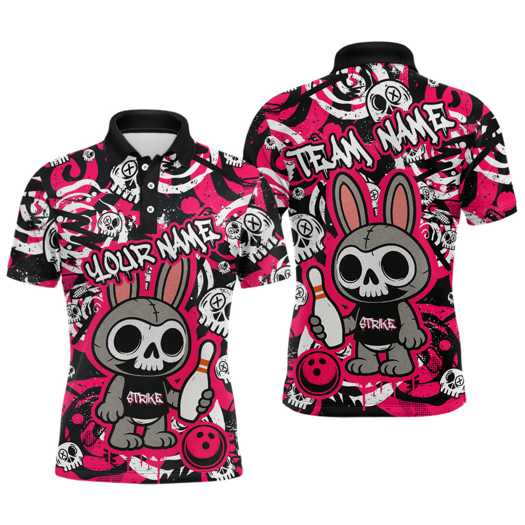 Custom Pink Skull Bunny Bowling Shirt Gothic Men Bowling League Polo Bowling Halloween QZT747