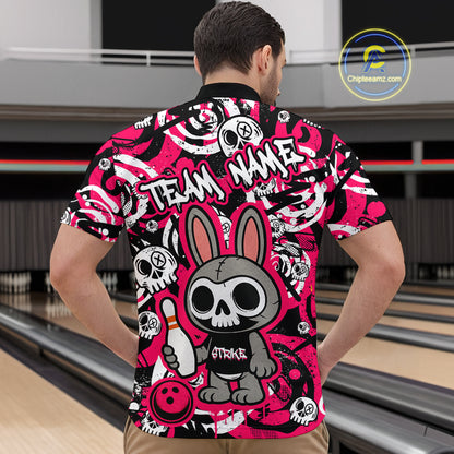 Custom Pink Skull Bunny Bowling Shirt Gothic Men Bowling League Polo Bowling Halloween QZT747