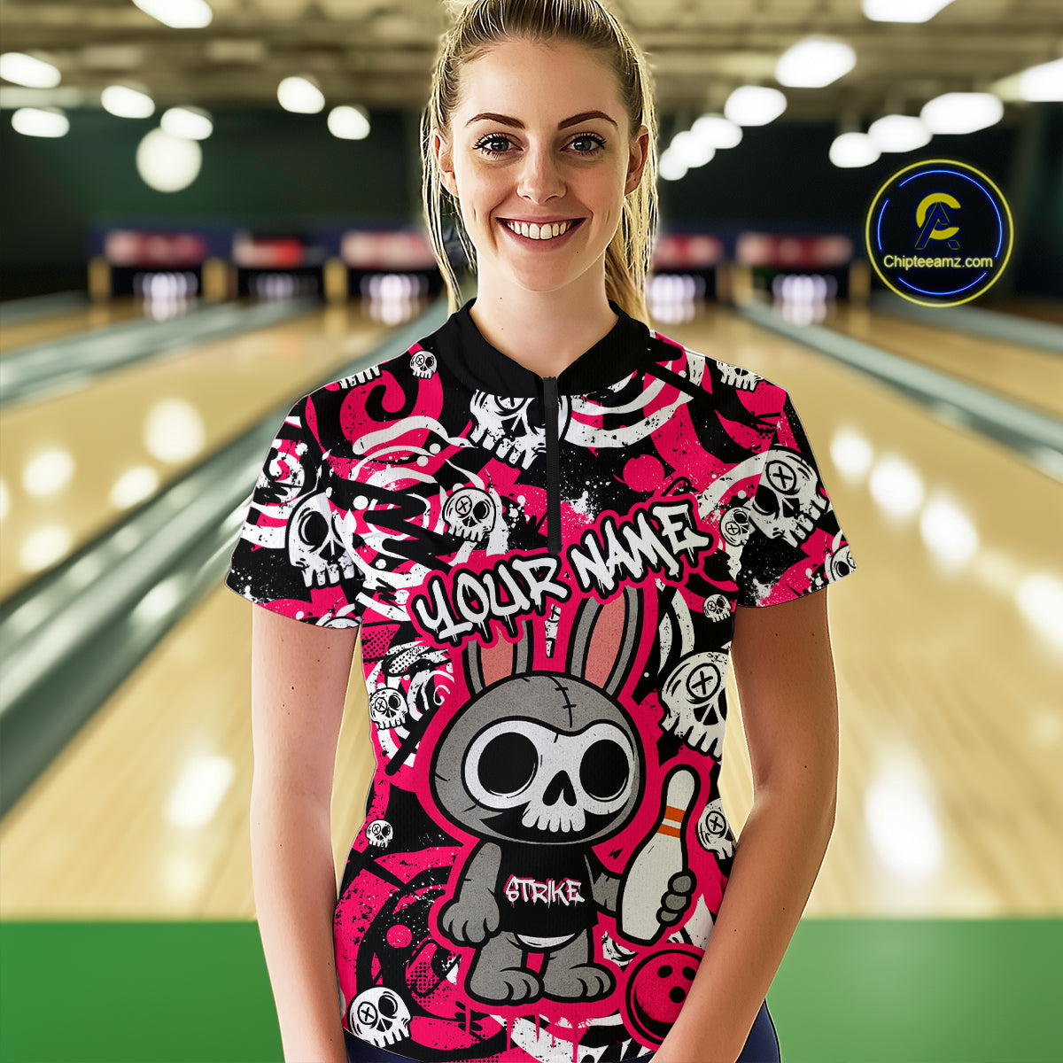 Custom Pink Skull Bunny Bowling Shirt Gothic Women Bowling Team League Polo Halloween QZT747