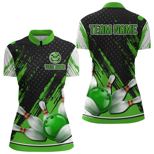 Custom 1/4 Zip Bowling Shirts for Women Funny Green Bowling Team Jersey QZT512