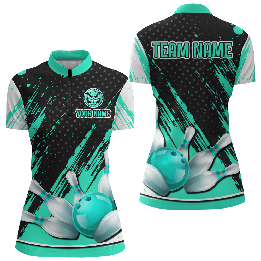 Custom 1/4 Zip Bowling Shirts for Women Funny Turquoise Bowling Team Jersey QZT512