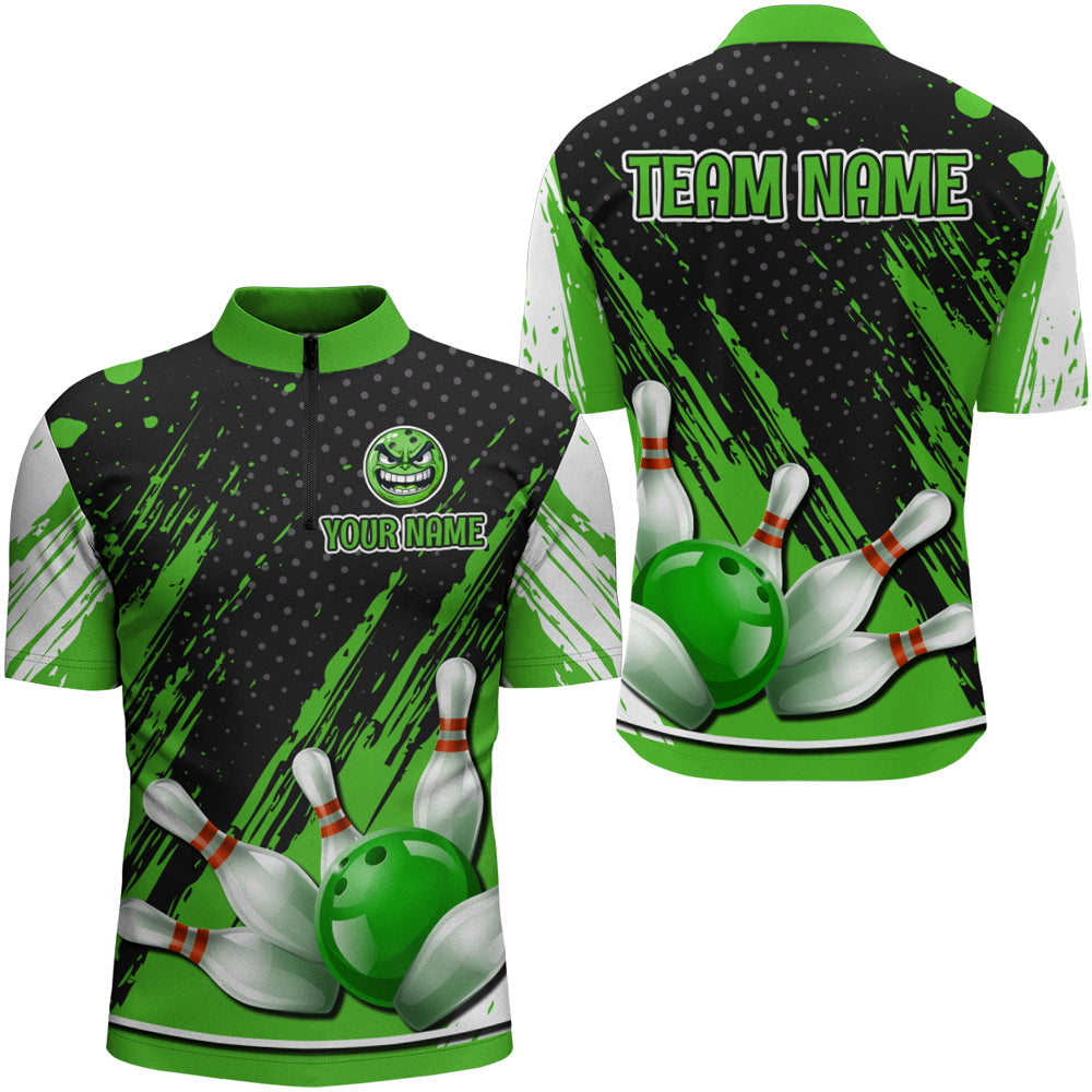 Personalized 1/4 Zip Bowling Shirts for Men Funny Green Bowling Team Jersey QZT512