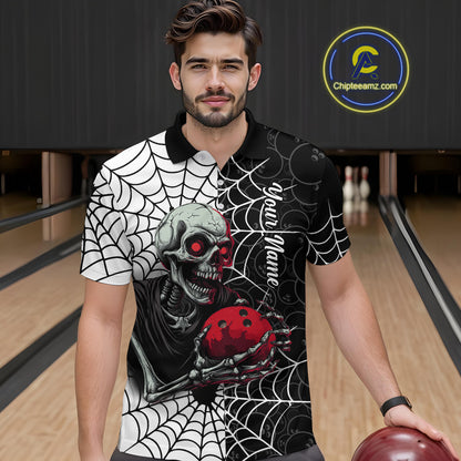 Black and White Skull Bowling Team Shirt Custom Spider Bowling Jersey Men Halloween Bowling Outfit QZT748