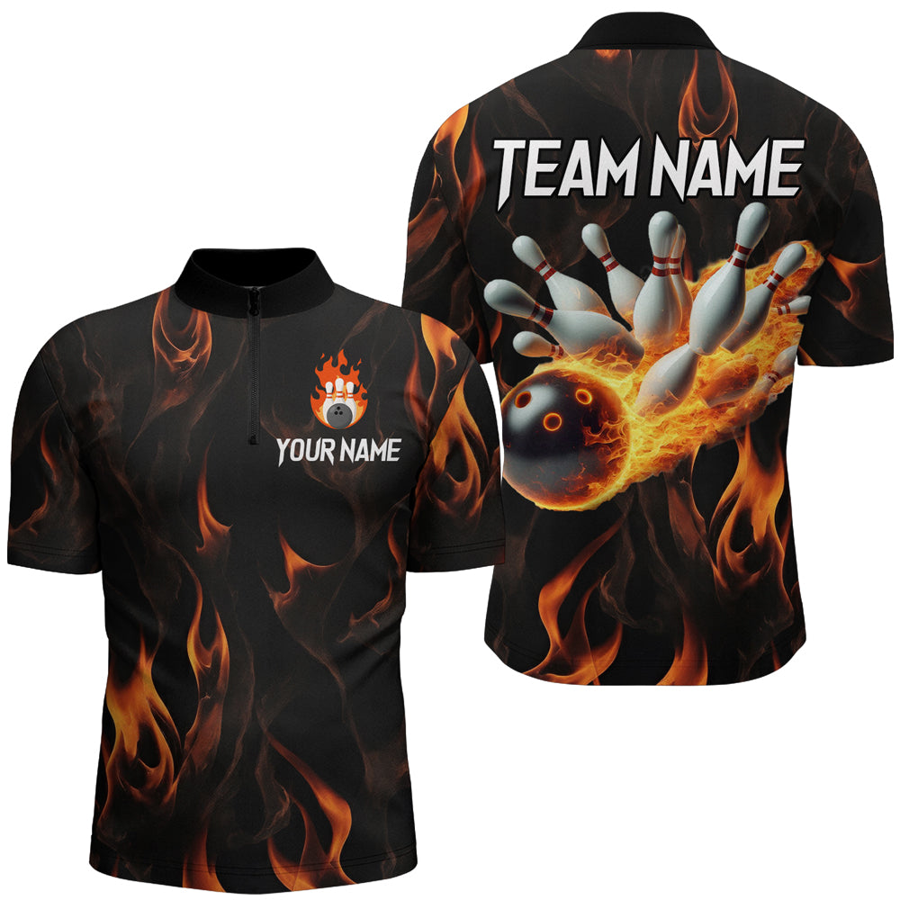 Custom Men Flame Bowling Shirts Bowling Team Jersey 1/4 Zip Bowling Peformance QZT479