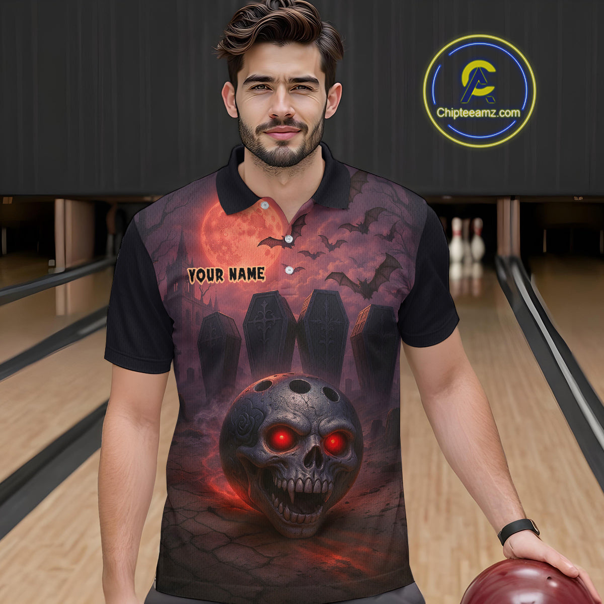 Custom Skull Bowling Team Shirt Vampire Bowling Jersey for Men Bowling Outfit Polo & 1/4 Zip QZT751