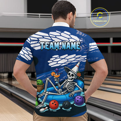 Custom Blue Funny Skull Bowling Team Shirt Polo & Quarter-Zip Bowling League Jersey for Men QZT755