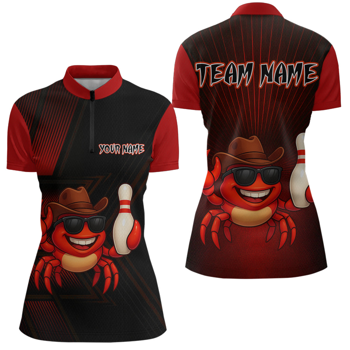 Custom Red Funny Crab Bowling Team Shirt Women Bowling Jersey Outfit Polo & 1/4-Zip Bowler Gift QZT757