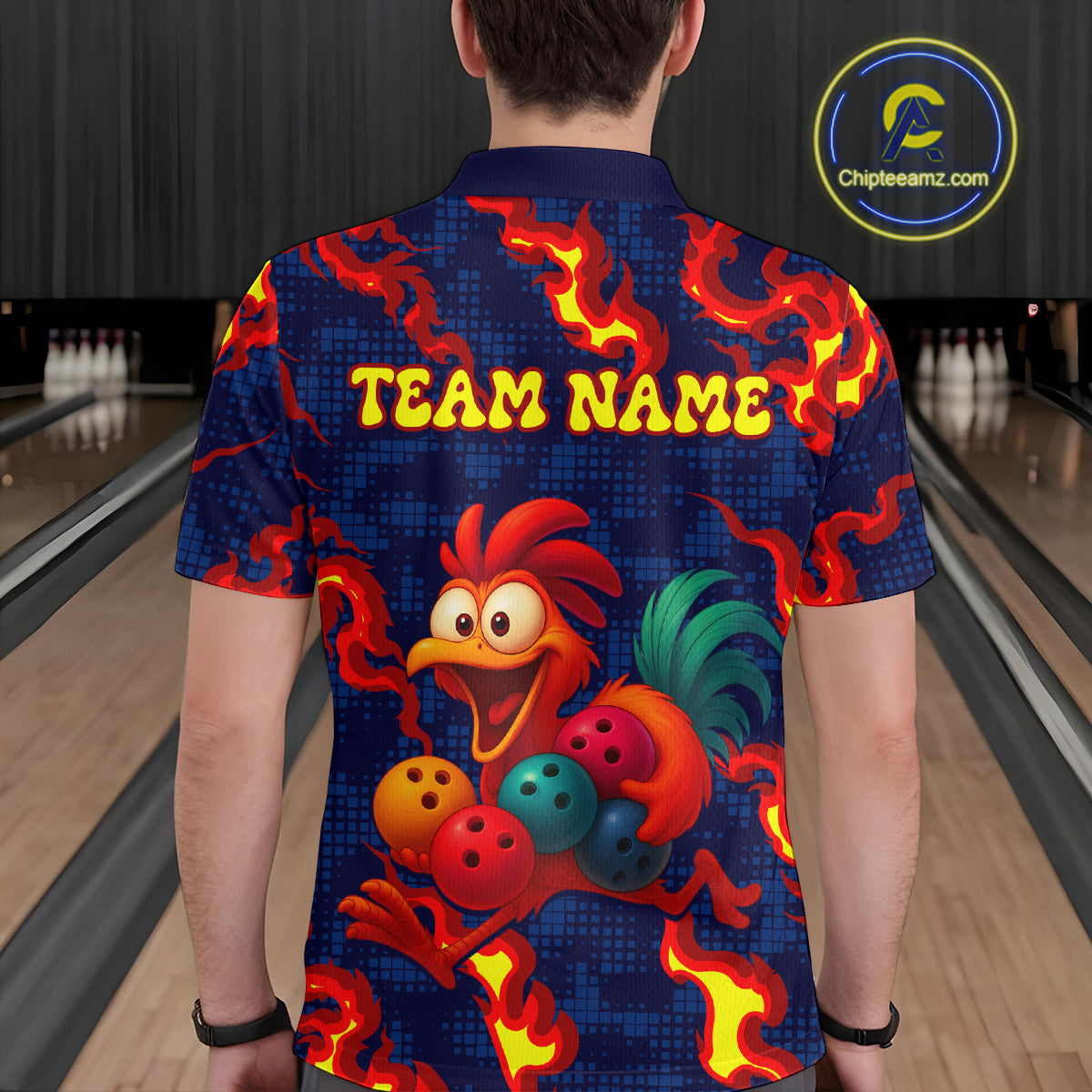 Custom Red Flame Funny Chicken for Men Bowling Team Jersey Bowling League Shirt Polo & 1/4-Zip QZT762