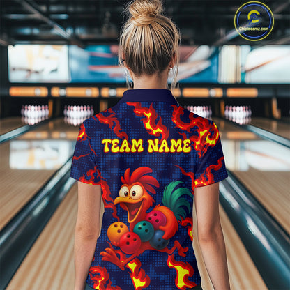 Custom Red Flame Funny Chicken for Women Bowling Team Jersey Bowling League Shirt Polo & 1/4-Zip QZT762
