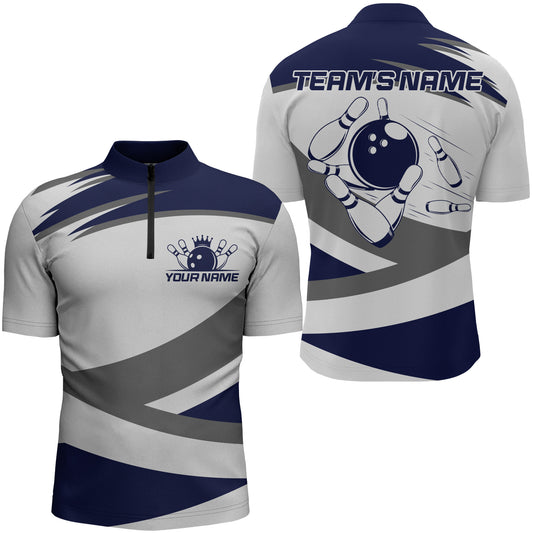 Custom Bowling Shirt for Men Navy & Grey Bowling Jersey Bowling Team League Quarter-Zip Shirt QZT1