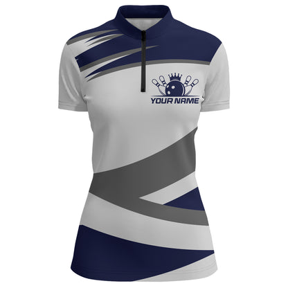 Custom Bowling Shirt for Women Navy & Grey Bowling Jersey Bowling Team League Quarter-Zip Shirt QZT1