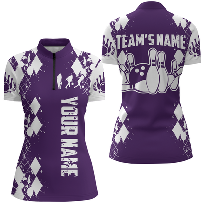 Purple White Bowling Shirt Unisex Custom Bowling Jersey Quarter-Zip Bowling Shirt for Women QZT264