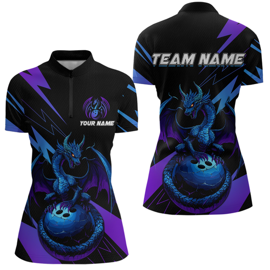 Teal And Purple Dragon Bowling Shirt Custom Name Bowling Jersey Team Bowling Quarter-Zip Shirts QZT674