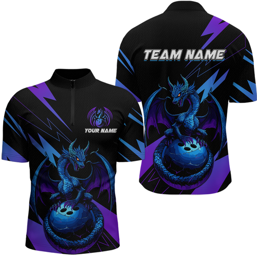 Teal And Purple Dragon Bowling Shirt Custom Name Bowling Jersey Team Bowling Quarter-Zip Shirts QZT674