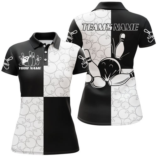 Black & White Bowling Shirt for Women Custom Bowling Team League Polo Shirt QZT101