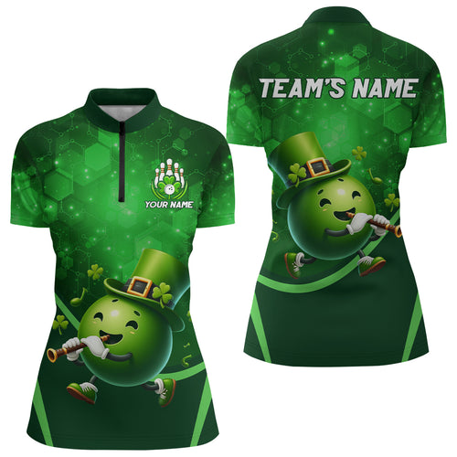 Lucky Bowling Shirt for Women St. Patrick Day Bowling Shirt Custom Green Quarter-Zip Team Shirt QZT219