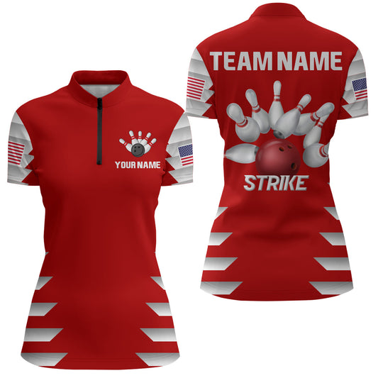 American Bowling Quarter-Zip Shirt for Women Custom Bowling Team Jersey Bowling Shirt QZT36