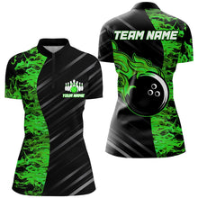 Load image into Gallery viewer, Green Flames Bowling Jersey Men Women Custom 1/4 Bowling Shirt For Team BDT487