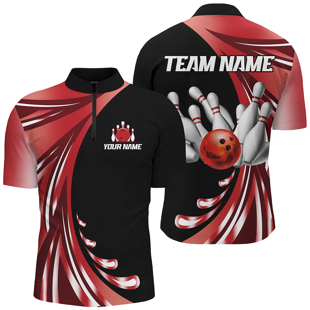 Personalized Red Bowling Team Jersey For Men & Women Custom Quarter Zip Bowling Shirt BDT457