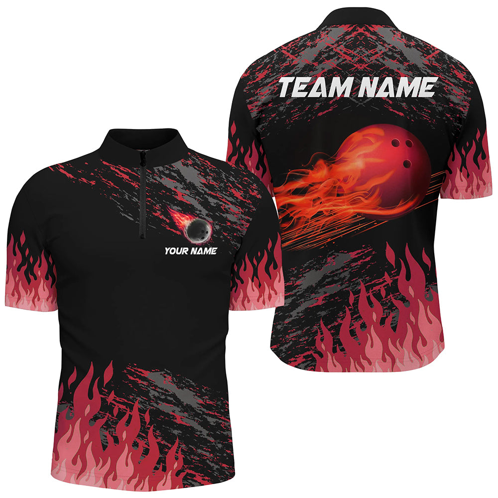 Red Flame Bowling 1/4 Zip Shirts Men And Women Custom Bowling Team Jersey Unisex Uniform Bowlers BDT523