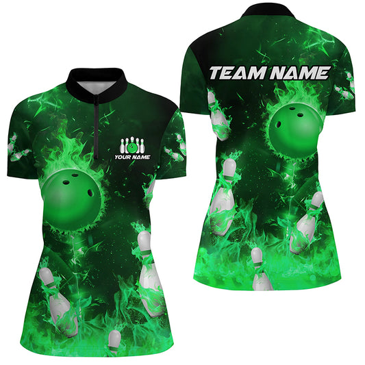 Green Flame Bowling Shirts Men & Women Custom Bowling Team Jersey 1/4 Zip Bowling Uniform BDT529