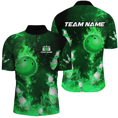 Green Flame Bowling Shirts Men & Women Custom Bowling Team Jersey 1/4 Zip Bowling Uniform BDT529