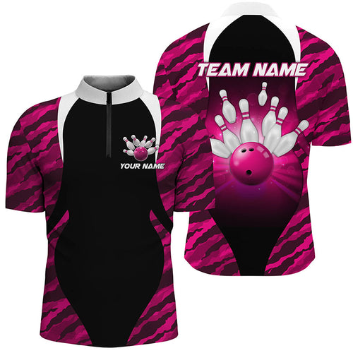 Pink Camo Bowling Shirts Men Women Bowling Jersey Unisex Custom 1/4 Zip Bowling Team Shirt BDT597