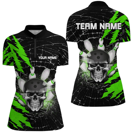 Skull Bowling Quarter-Zip Shirt For Men & Women Custom Halloween Bowling Team Jersey Green BDT538